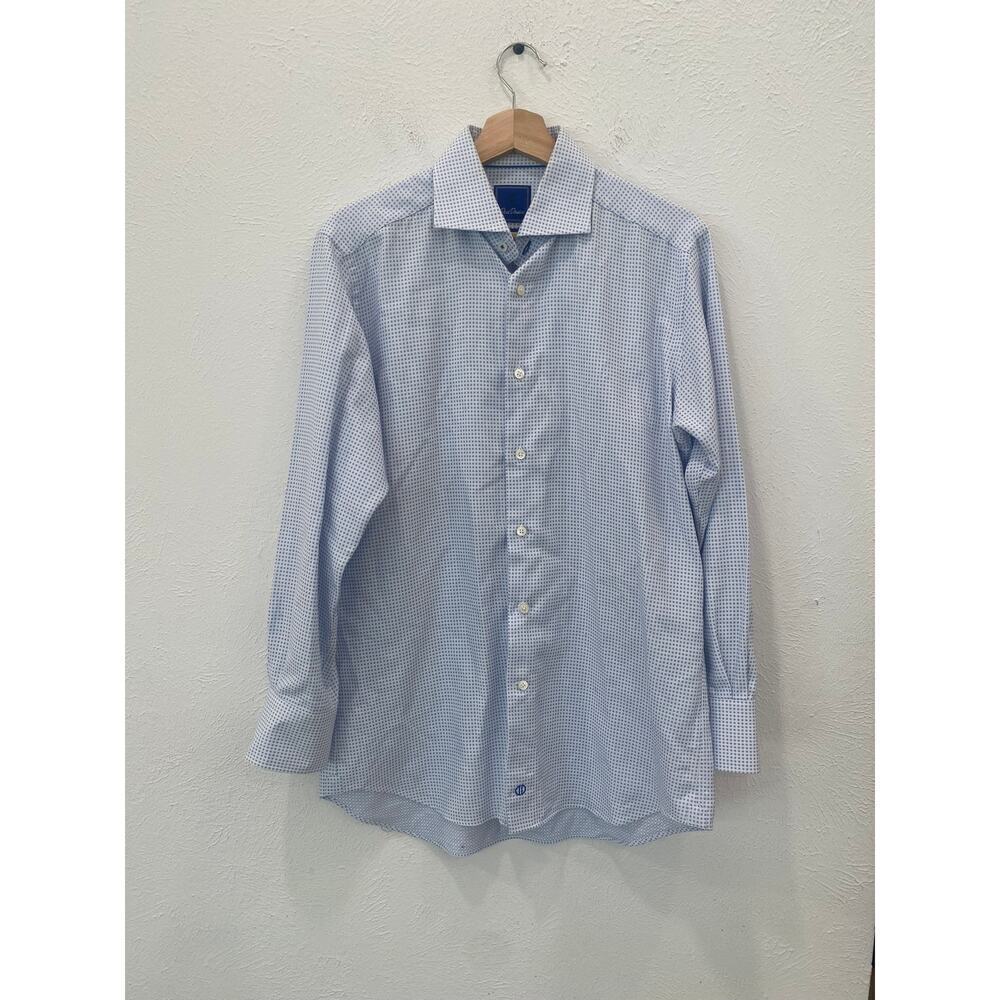 David Donahue Men's Blue & White Micro Print Dress Shirt Trim Fit 16 32/33